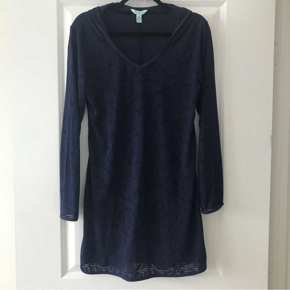 Navy Blue Mesh Cover-Up V-Neck Hooded  Sz M
